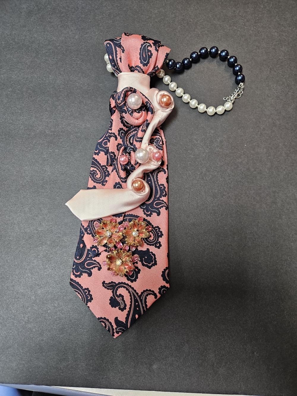 Pink Paisley Fashion Tie with Pearl and Floral Accents